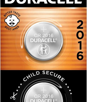 Duracell CR2016 3V Lithium Battery, Bitter Coating Discourages Swallowing, 2 Count Pack, Lithium Coin Battery for Key Fob, Car Remote, Glucose Monitor, CR Lithium 3 Volt Cell